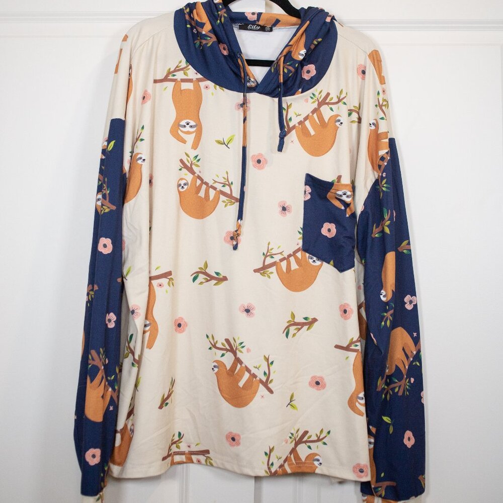 Lily by Firmiana blue and cream sloth hooded shirt